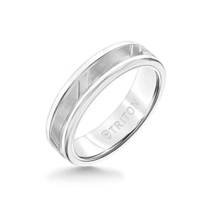 Triton 6MM White Tungsten Carbide Ring - Bevel Diagonal Cut 14K White Gold Insert with Round Edge