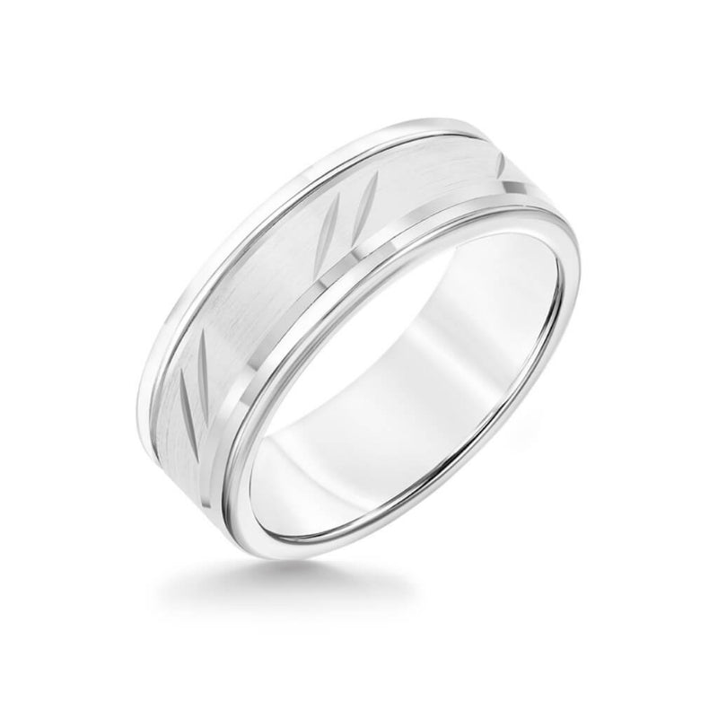 Triton 8MM White Tungsten Carbide Ring - Bevel Diagonal Cut 14K White Gold Insert with Round Edge