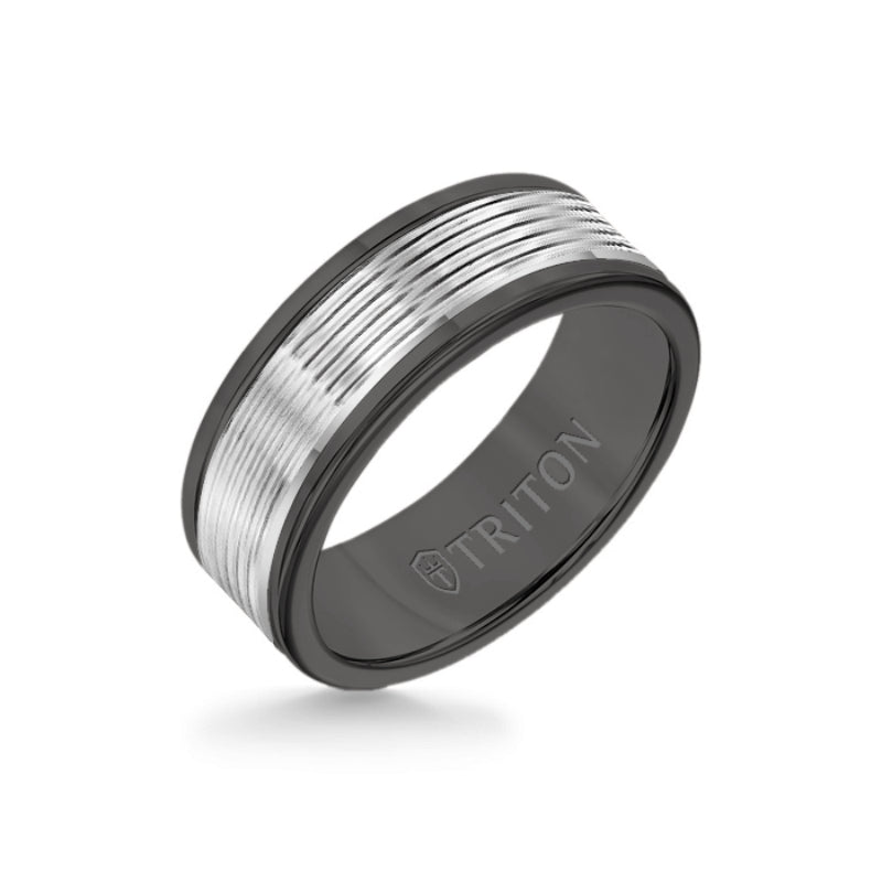 Triton 8MM Black Tungsten Carbide Ring - Serrated Engraved 14K White Insert with Round Edge