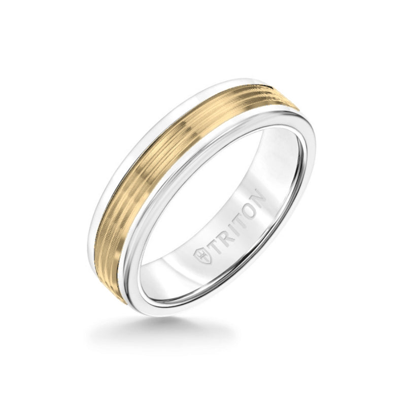 Triton 6MM White Tungsten Carbide Ring - Serrated Engraved 14K Yellow Gold Insert with Round Edge