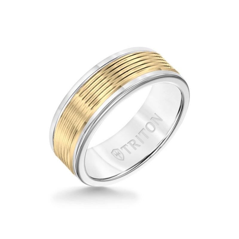 Triton 8MM White Tungsten Carbide Ring - Serrated Engraved 14K Yellow Insert with Round Edge