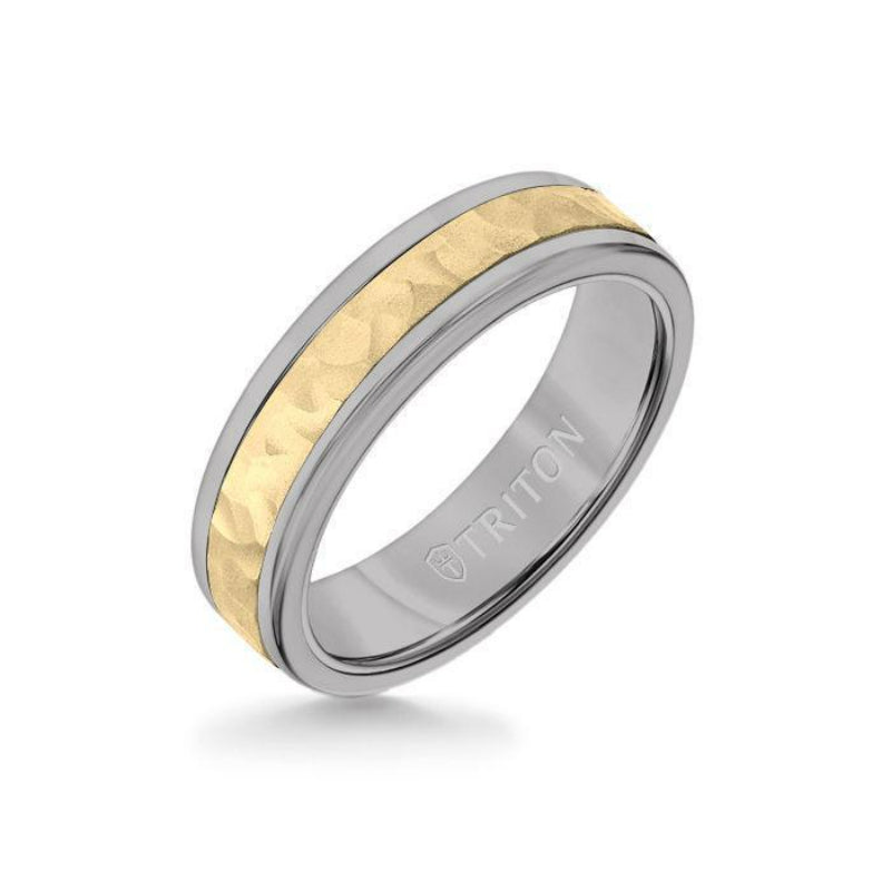 Triton 6MM Grey Tungsten Carbide Ring - Hammered 14K Yellow Gold Insert with Round Edge