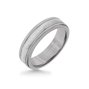 Triton 6MM Grey Tungsten Carbide Ring - Vertical Satin 14K White Gold Insert with Round Edge