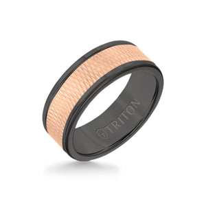 Triton 8MM Black Tungsten Carbide Ring - Criss Cross 14K Rose Gold Insert with Round Edge