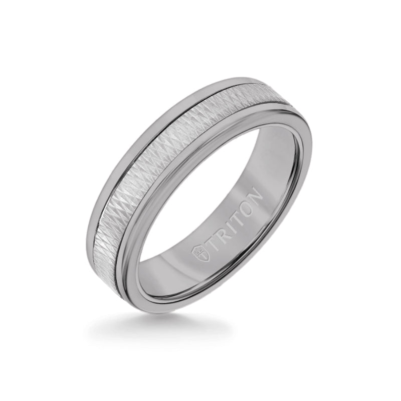 Triton 6MM Grey Tungsten Carbide Ring - Criss Cross 14K White Gold Insert with Round Edge