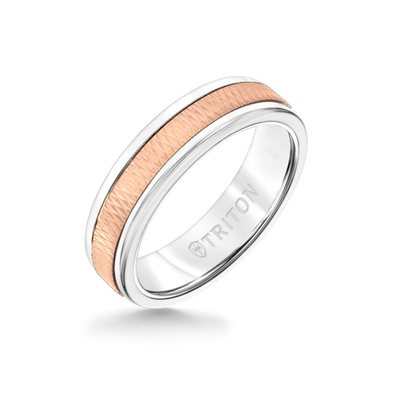 Triton 6MM White Tungsten Carbide Ring - Criss Cross 14K Rose Gold Insert with Round Edge