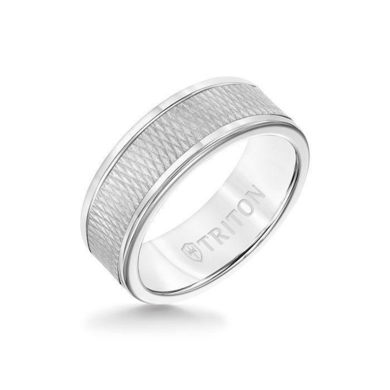 Triton 8MM White Tungsten Carbide Ring - Criss Cross 14K White Gold Insert with Round Edge