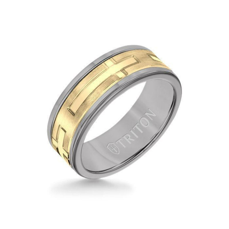 Triton 8MM Grey Tungsten Carbide Ring - Religious 14K Yellow Gold Insert with Round Edge