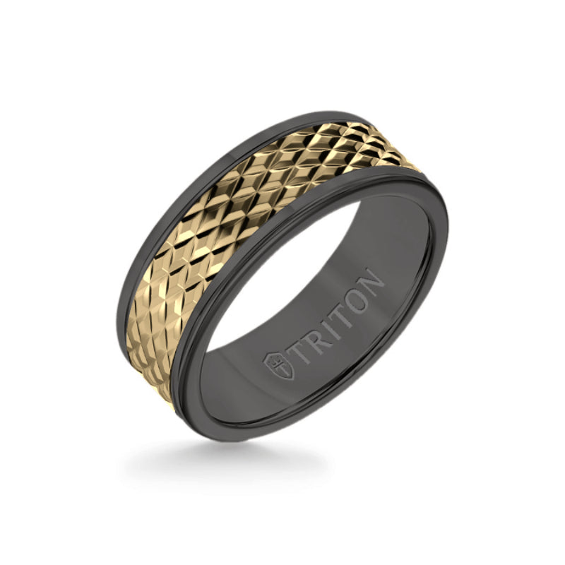 Triton 8MM Black Tungsten Carbide Ring - Rhombus 14K Yellow Gold Insert with Round Edge