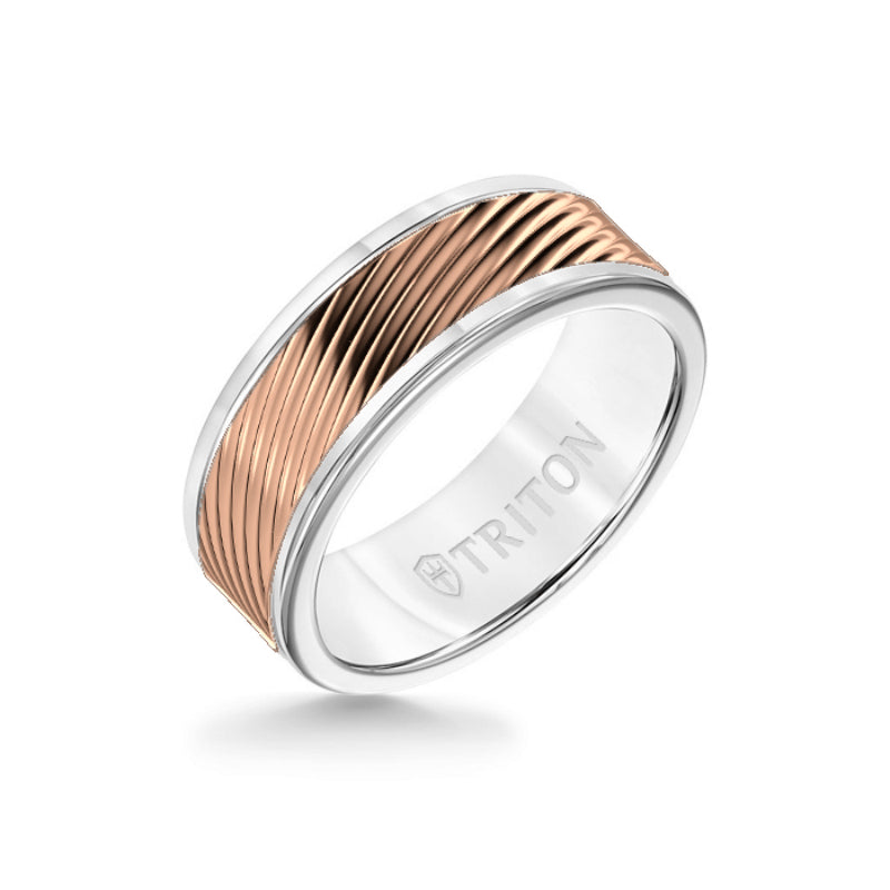 Triton 8MM White Tungsten Carbide Ring - 3D Wave 14K Rose Gold Insert with Round Edge