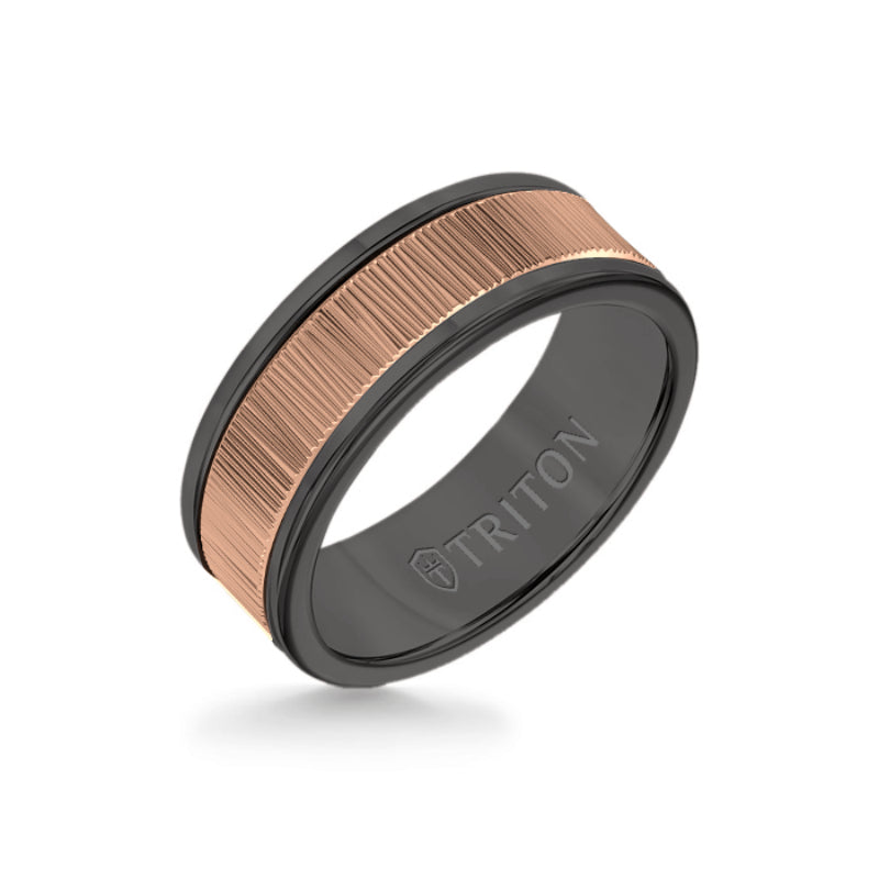 Triton 8MM Black Tungsten Carbide Ring - Vertical Geometric 14K Rose Gold Insert with Round Edge