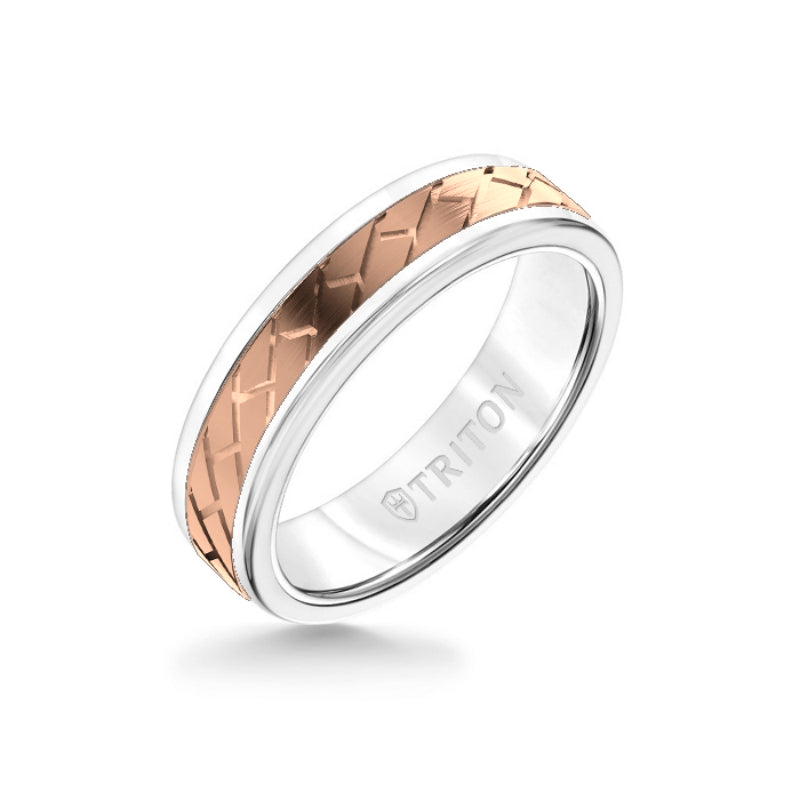 Triton 6MM White Tungsten Carbide Ring - Diagonal Brick 14K Rose Gold Insert with Round Edge