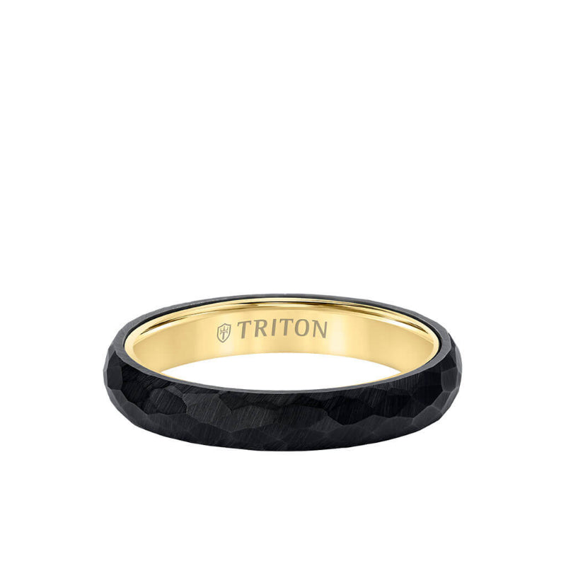 Triton 4MM Tungsten Carbide + 14K Gold Ring - Organic Faceted Pattern with 14K Gold Interior