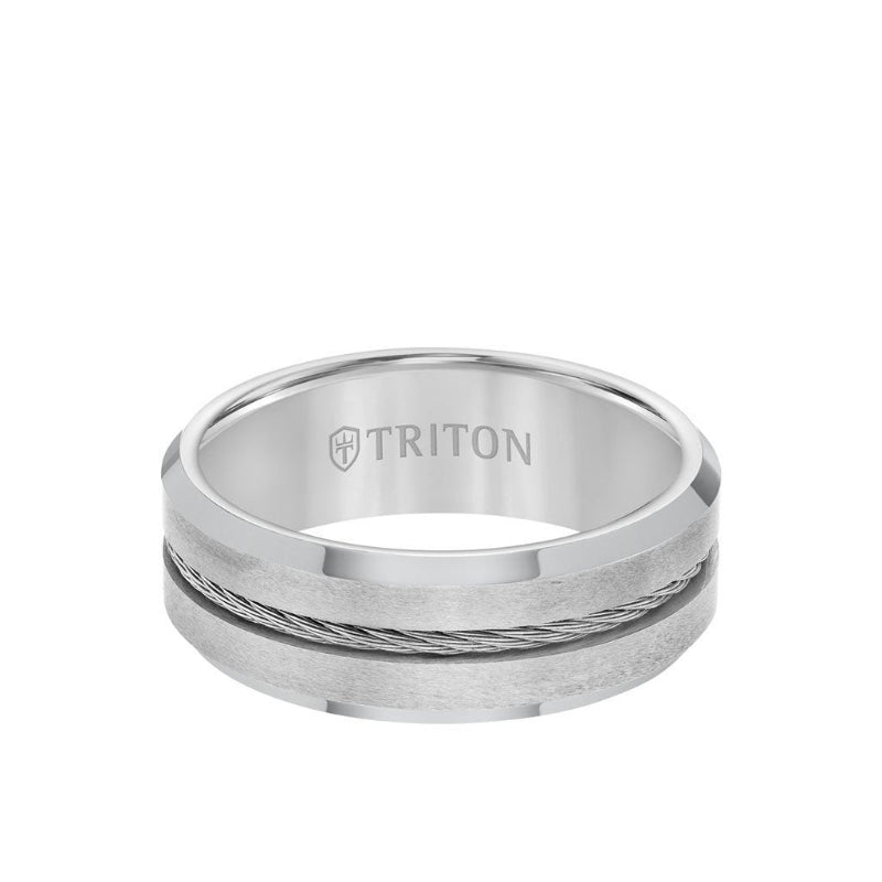 Triton 8MM Tungsten Carbide Ring - Steel Cable Center and Bevel Edge