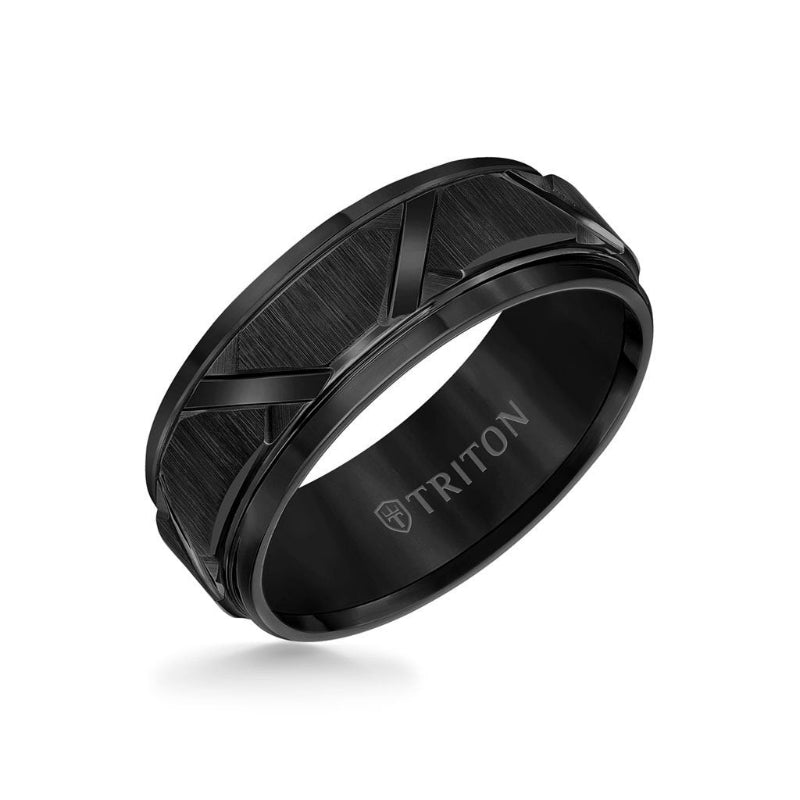 Triton 8MM Tungsten Carbide Ring - Wire Brush Center with Diagonal Cuts and Step Edge