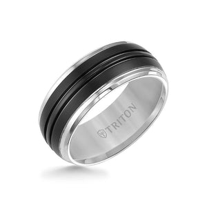 Triton 9MM Tungsten Carbide Ring - Black Brushed Center and Bevel Edge