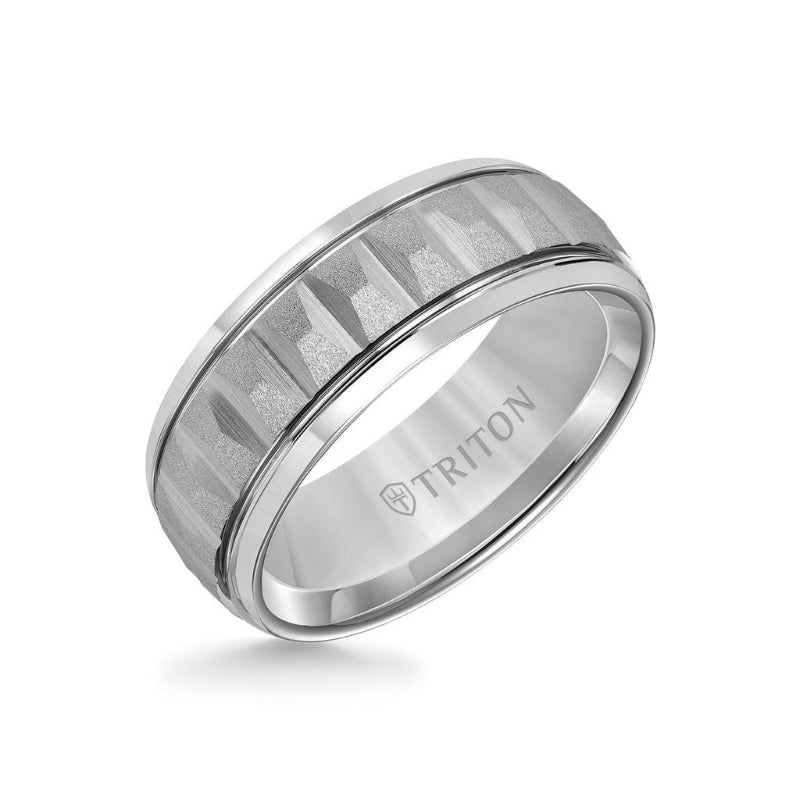 Triton 8MM Tungsten Carbide Ring - Brushed Faceted Center and Round Edge