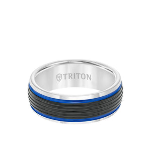 Triton 8MM Tungsten Carbide Ring - Ribbed Center Stripe and Bevel Edge