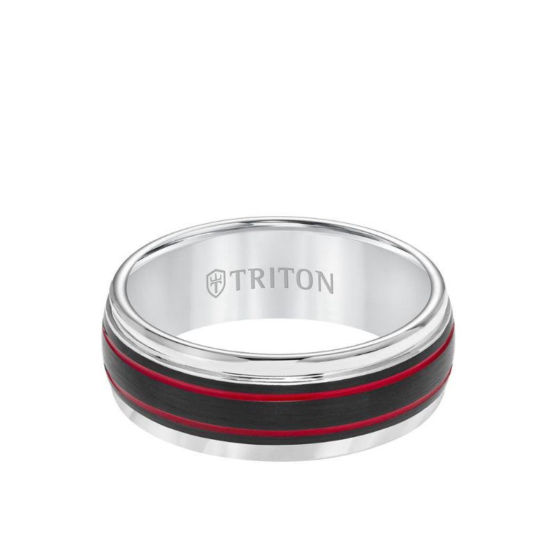 Triton 8MM Tungsten Carbide Ring - Black Matte Center Stripe and Bevel Edge