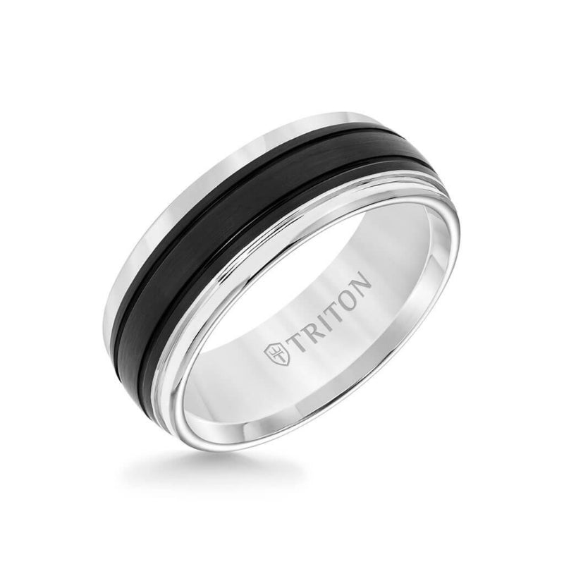 Triton 8MM Tungsten Carbide Ring - Black Matte Center Stripe and Bevel Edge