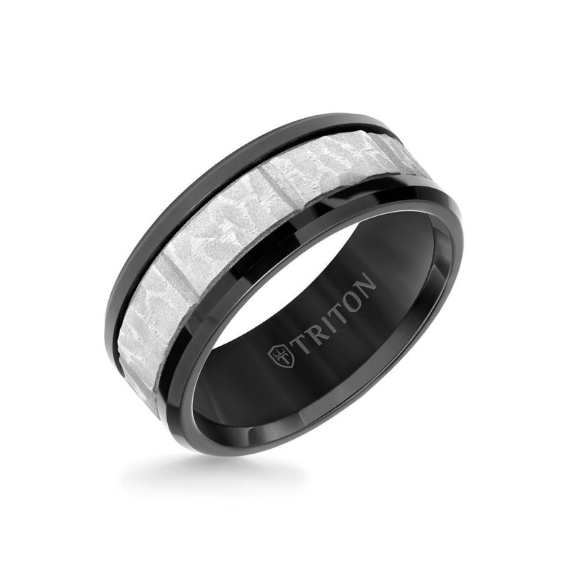 Triton 9MM Tungsten Carbide Ring - Grey Sandblasted Distressed Center and Bevel Edge