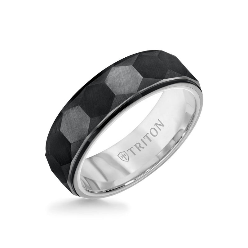 Triton 7MM Tungsten Carbide Ring - Faceted Hexagon Pattern and Step Edge