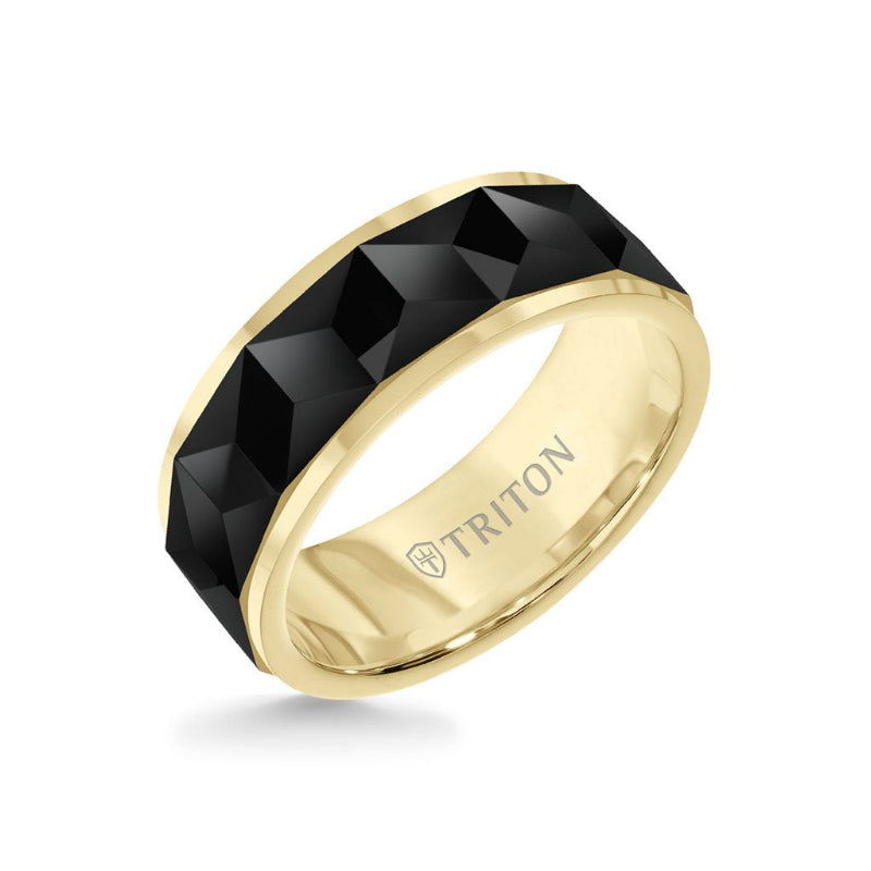 Triton 8MM Tungsten Carbide Ring - Faceted Chevron Pattern and Bevel Edge