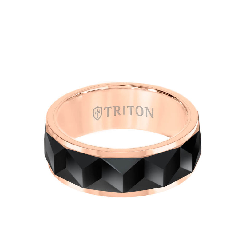 Triton 8MM Tungsten Carbide Ring - Faceted Chevron Pattern and Bevel Edge