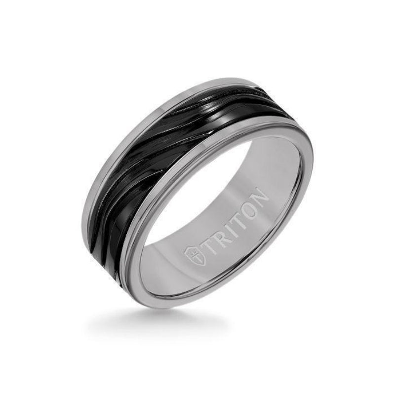 Triton 8MM Grey Tungsten Carbide Ring - Wave Black Titanium Insert with Round Edge