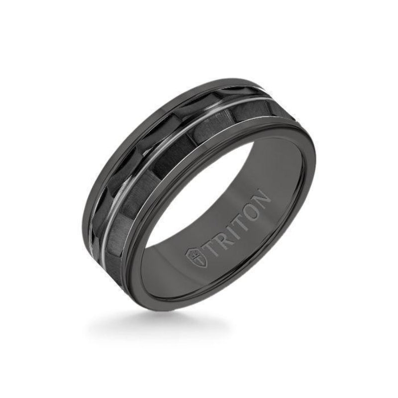 Triton 8MM Black Tungsten Carbide Ring - Chevron Black Titanium Insert with Round Edge