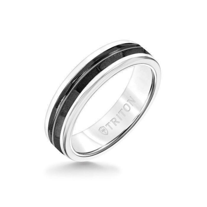 Triton 6MM White Tungsten Carbide Ring - Chevron Black Titanium Insert with Round Edge