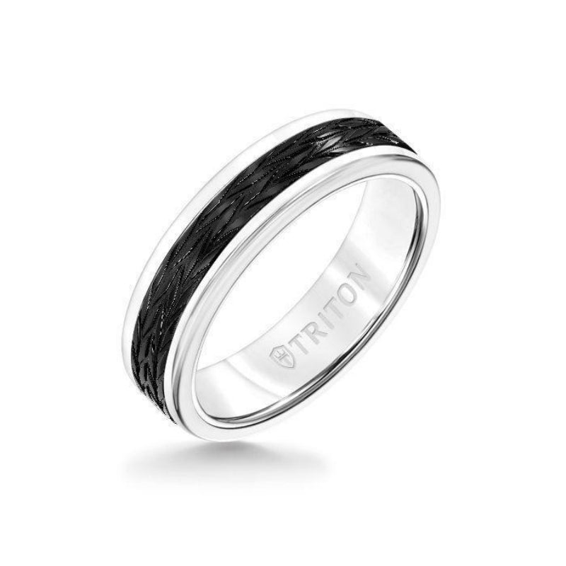 Triton 6MM White Tungsten Carbide Ring - Tire Tread Black Titanium Insert with Round Edge