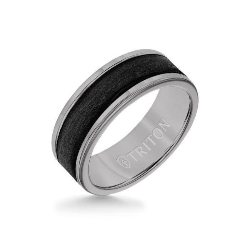 Triton 8MM Grey Tungsten Carbide Ring - Forged Carbon Fiber Insert with Round Edge