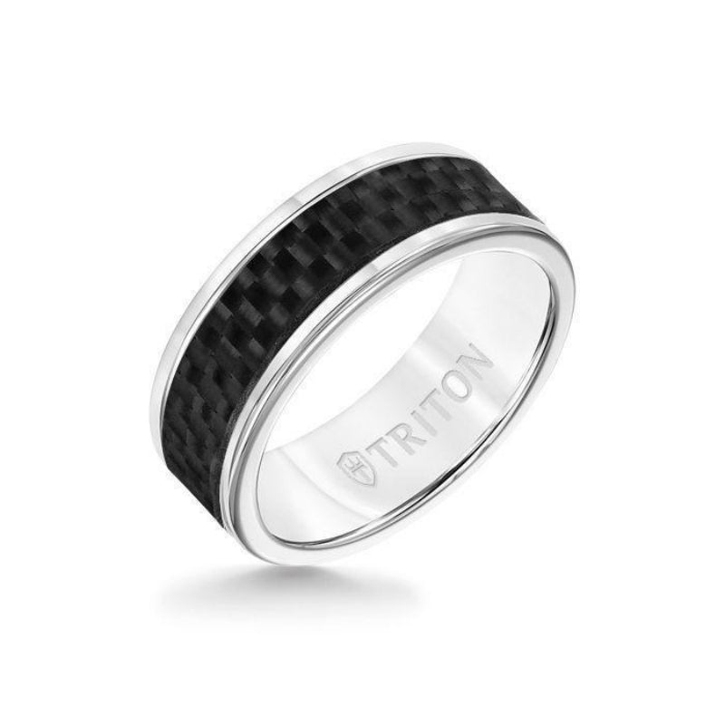 Triton 8MM White Tungsten Carbide Ring - Twill Carbon Fiber Insert with Round Edge