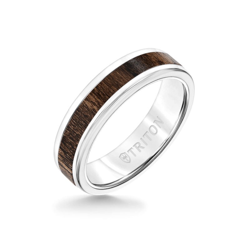 Triton 6MM White Tungsten Carbide Ring - Walnut Flat Insert with Round Edge