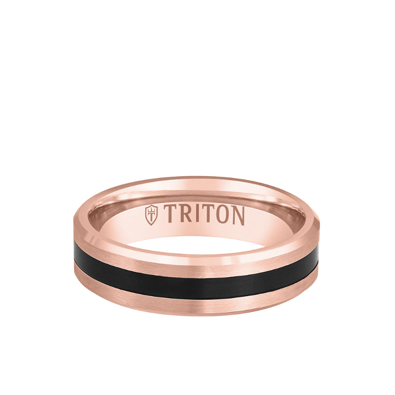 Triton 6MM 14k Gold Ring + Black Titanium Thin Flat Inlay with Bevel Edge