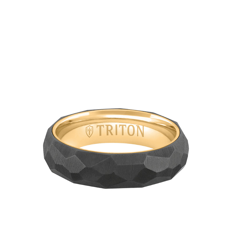 Triton 6MM 14k Gold Ring + Black Titanium Inlay with Faceted Profile and Bevel Edge