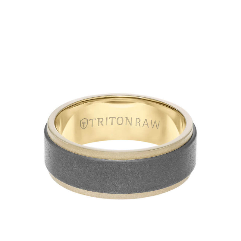 Triton 8MM Tungsten RAW+ 18K Matte Gold Ring - Sandblasted Center and Step Edge