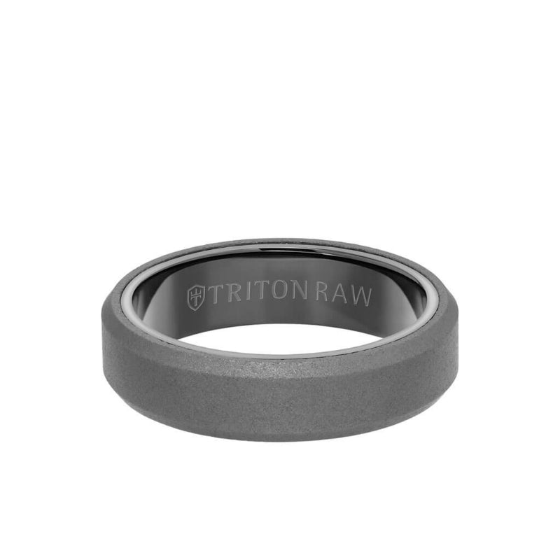 Triton 6MM Tungsten RAW Ring - Sandblasted With Black Inside Shine and Bevel Edge