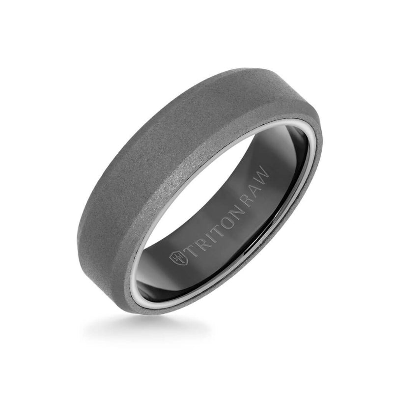 Triton 6MM Tungsten RAW Ring - Sandblasted With Black Inside Shine and Bevel Edge