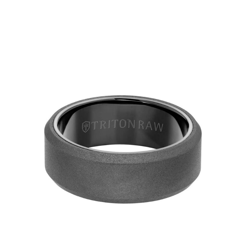 Triton 8MM Tungsten RAW Ring - Sandblasted With Black Inside Shine and Bevel Edge