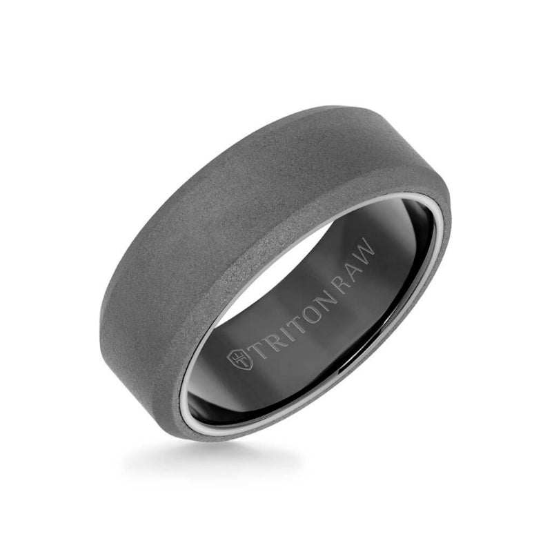 Triton 8MM Tungsten RAW Ring - Sandblasted With Black Inside Shine and Bevel Edge