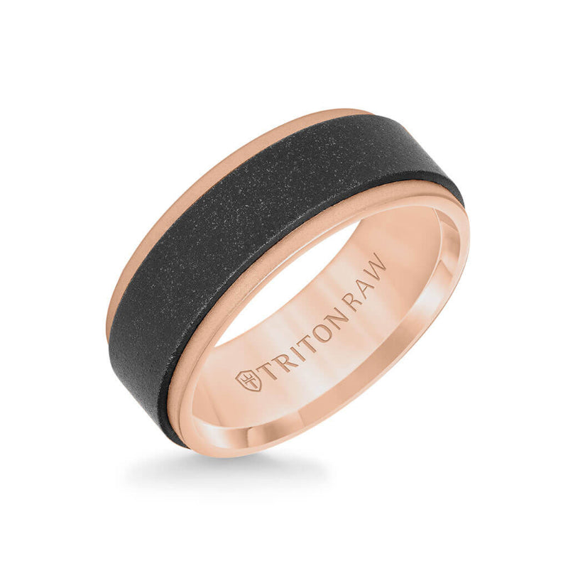 Triton 8MM Tungsten RAW Black DLC + 14K Rose Gold Ring - Flat Profile and Step Edge