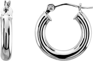 14K White 15 mm Tube Hoop Earrings