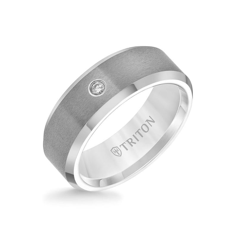 Triton 8MM Tungsten Diamond Ring - Solitaire Satin Finish Center and Bevel Edge