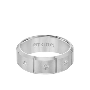 Triton 8MM Tungsten Diamond Ring - 3 Stone Vertical Cut Center and Bevel Edge