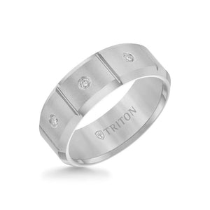 Triton 8MM Tungsten Diamond Ring - 3 Stone Vertical Cut Center and Bevel Edge