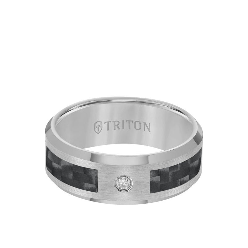 Triton 8MM Single Diamond Black Carbon Fiber Ring With Bevel Edge