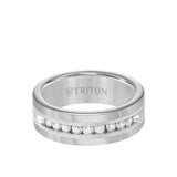 Triton 8MM Tungsten Diamond Ring - Channel Set Silver Satin Finish Inlay and Round Edge