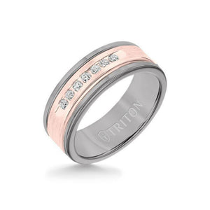 Triton 8MM Grey Tungsten Carbide Ring - White Diamonds 14K Rose Gold Insert with Round Edge